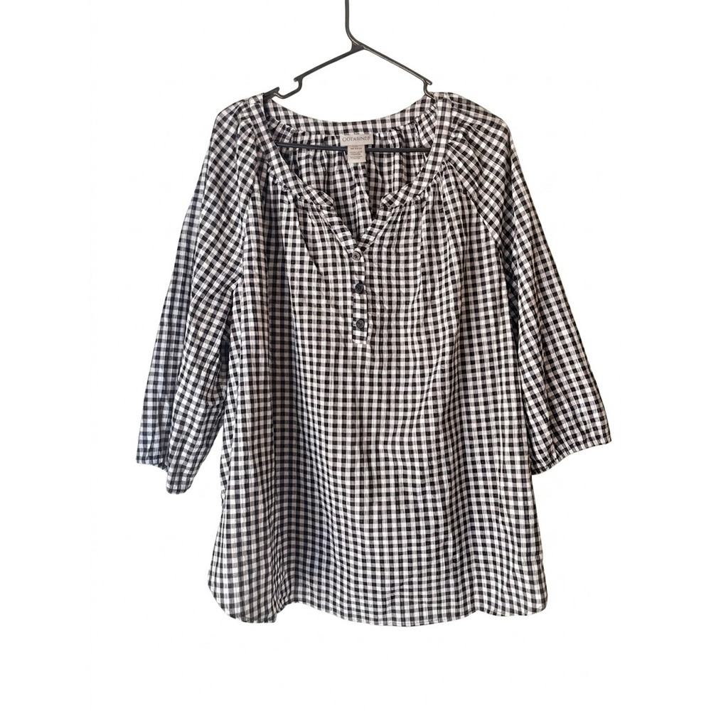 Catherines Popover Blouse Sz 1X Cotton Black White Gingham Plaid 3/4 Sleeveless